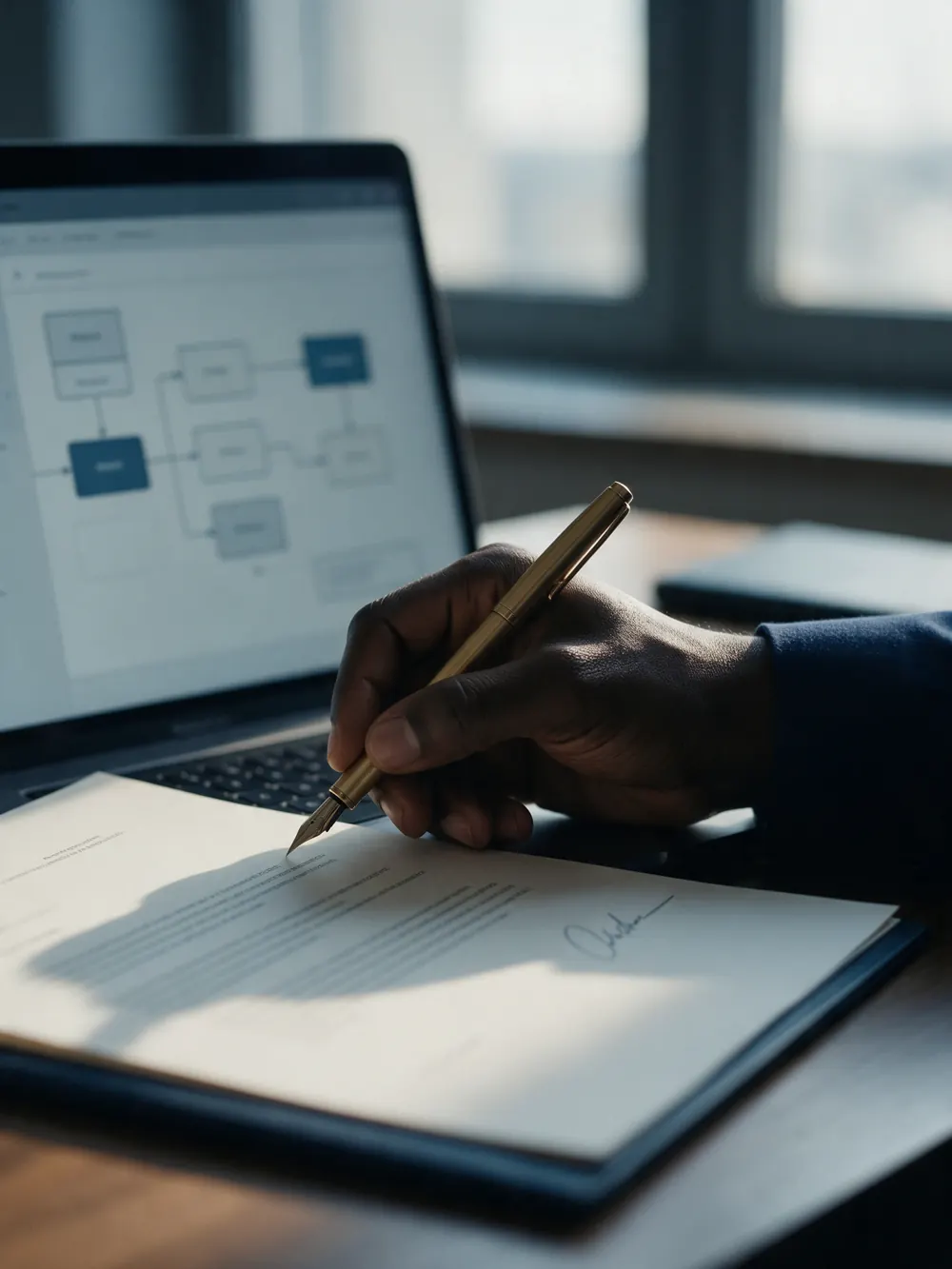A hand signs a document with a brass pen next to a laptop showing an orderly workflow.