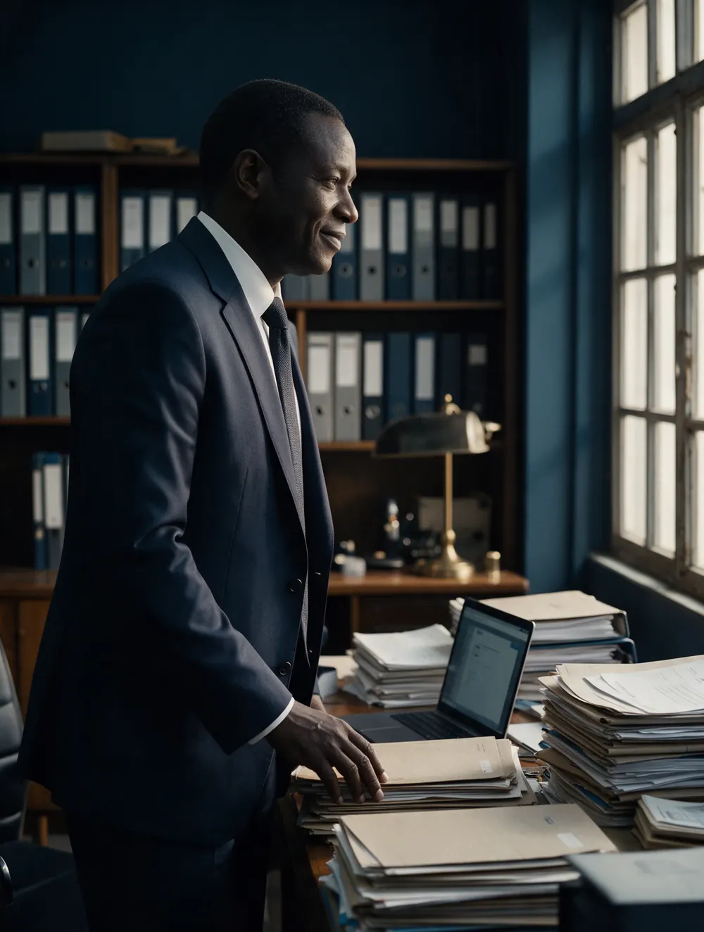 The same employee, now in a navy suit, stands at his desk with one hand on a stack of folders and smiles; the binders behind him are in order.