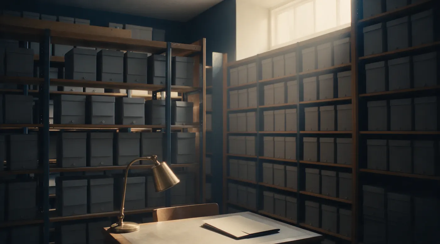Archive room lit by a high window, grey boxes lined up on shelves, a brass lamp on a reading table.